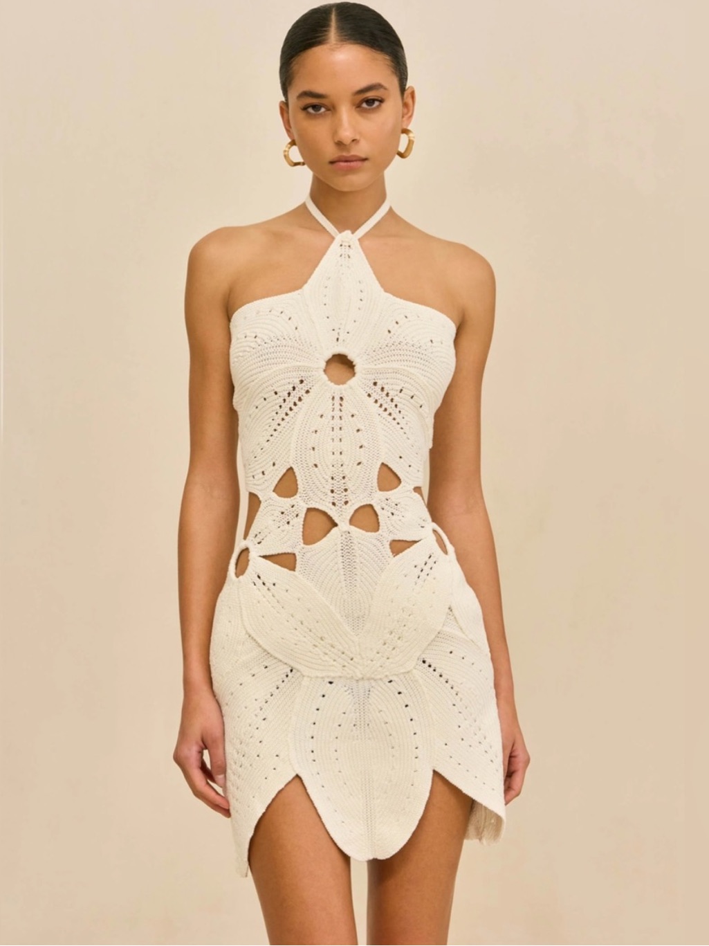 Cult Gaia Floreana Hand Crochet Knit Cutout Mini Dress Off White
